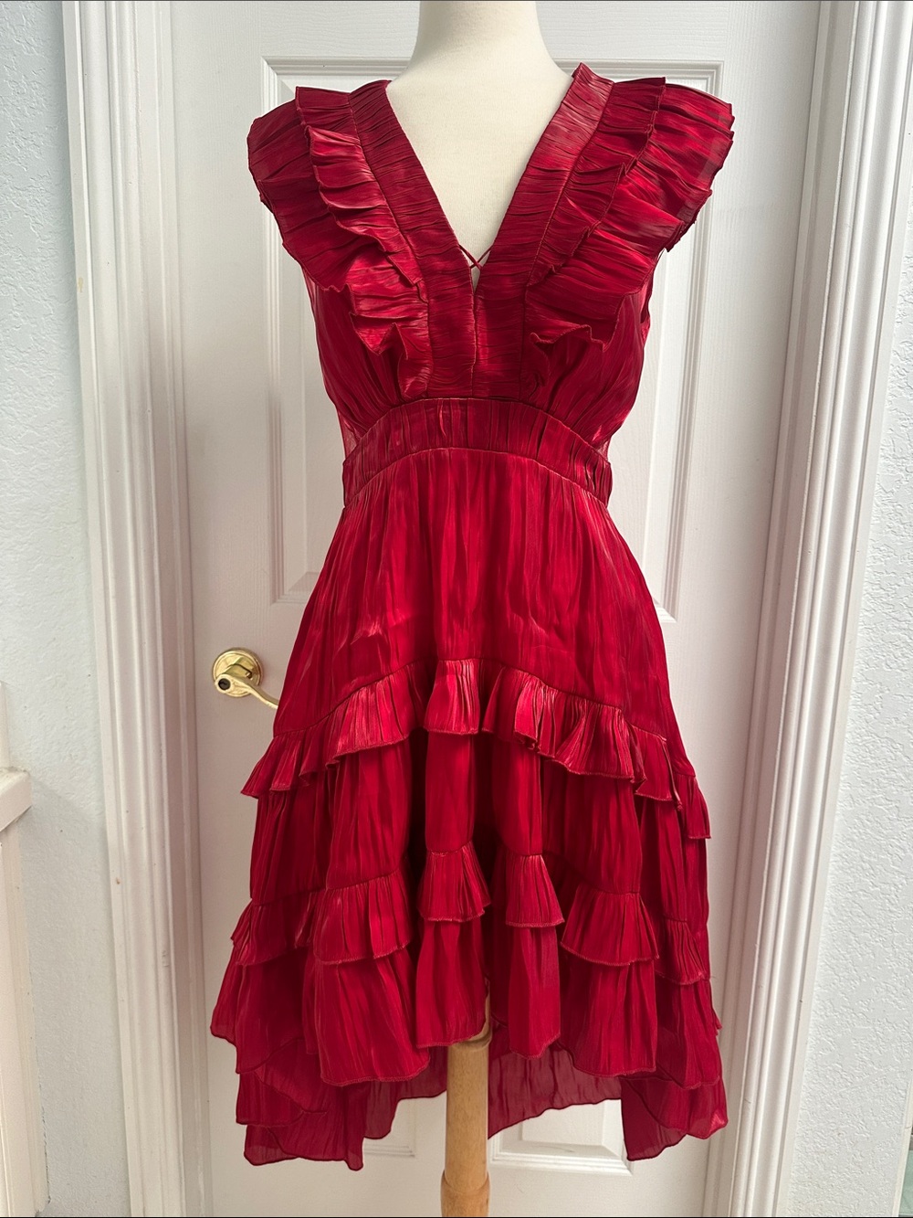 Red Ruffled V-Neck Tiered Dress